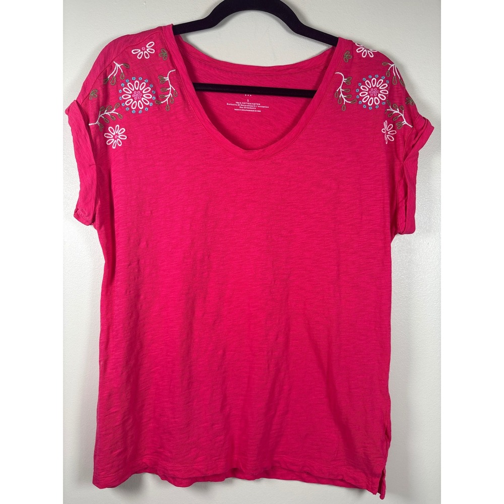 Talbots Womens Pink Cotton Slub V-Neck Embroidered Floral Tee Shirt Small Boho